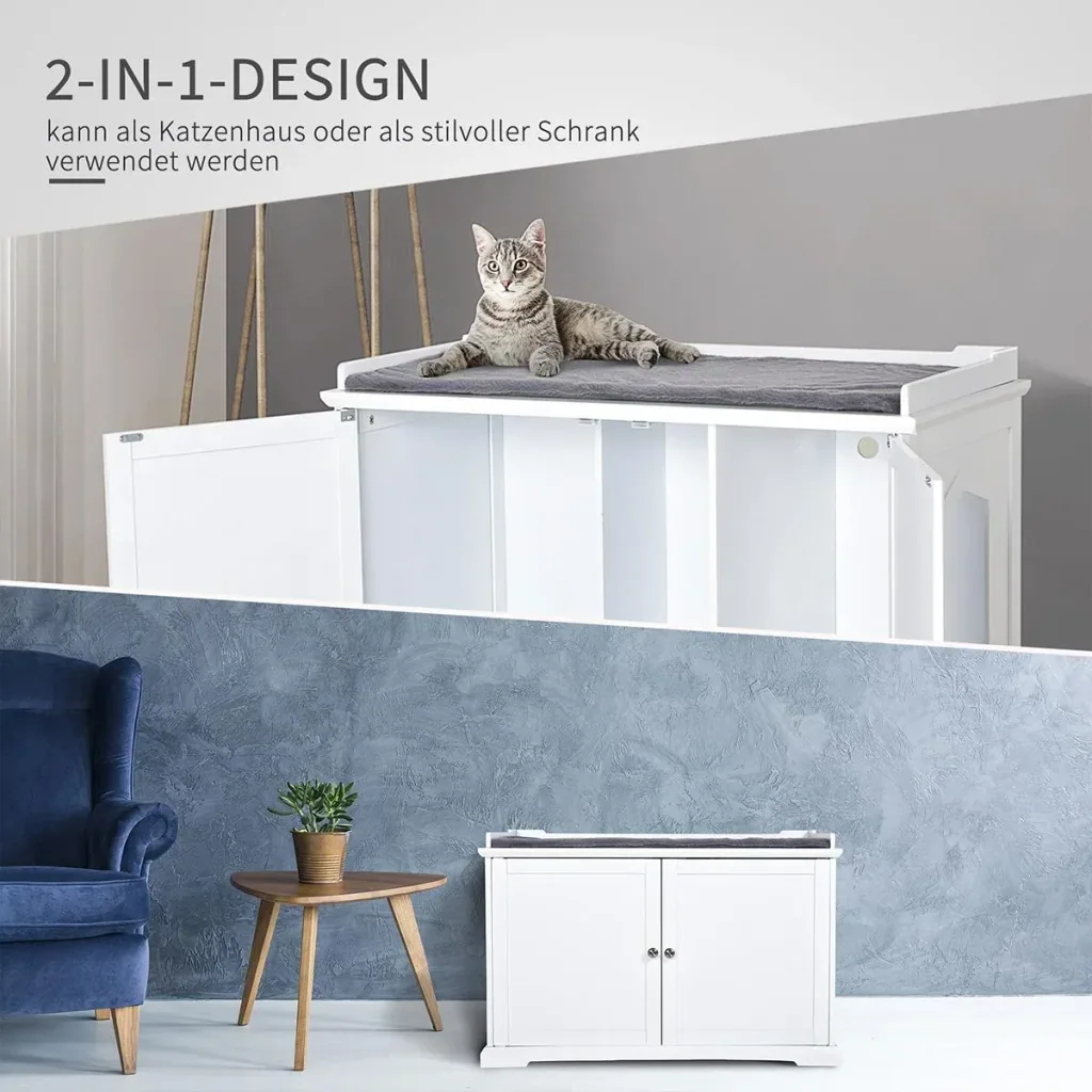 2-in-1 cat litter box with drawer and lid white+grey