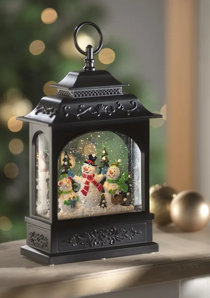 Christmas lantern with snowman motif, light, music and snowfall effect
