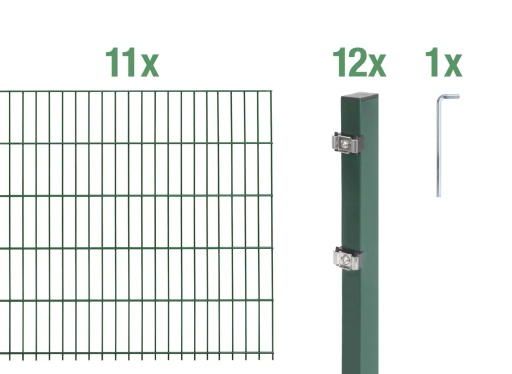 Double rod mesh fence complete set, green, height 140 cm, length 22 m