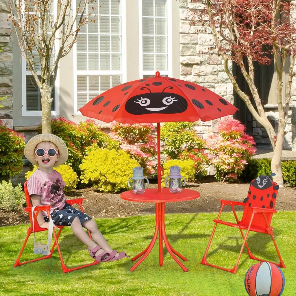 4-piece children's seating group garden garden table 2 folding chairs parasol camping children's seating set garden furniture for 3-5 years