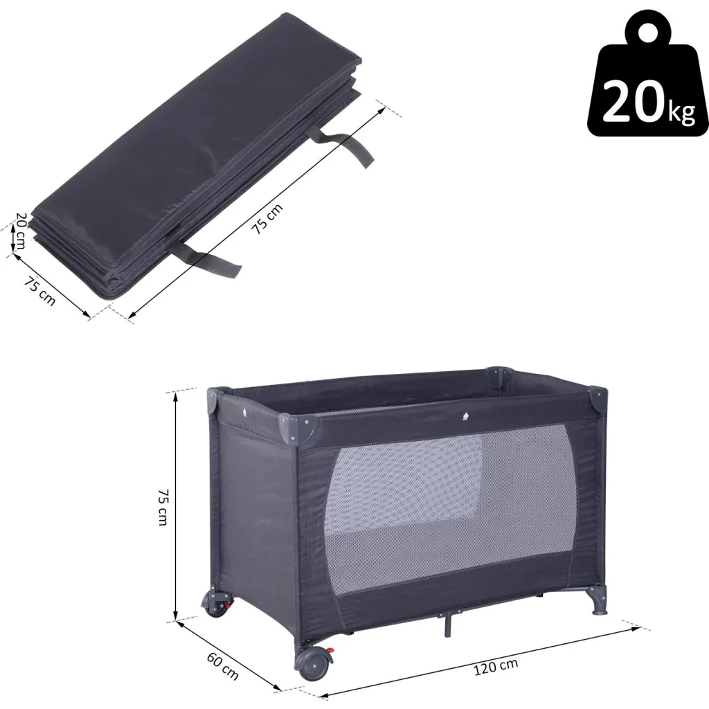 Baby bed children's travel bed foldable folding bed with mattress + wheels carrying bag black 120 x 60 x 75 cm