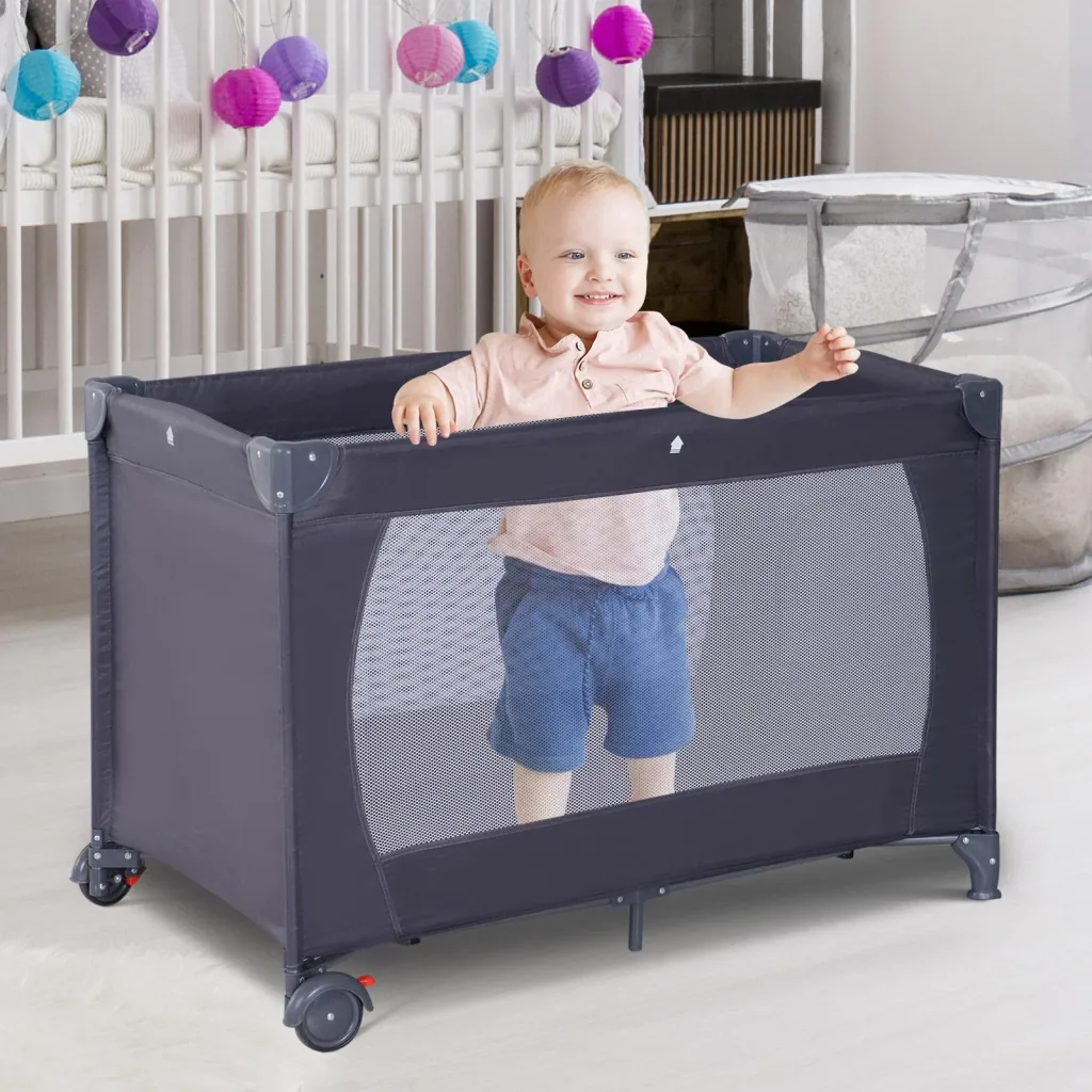 Baby bed children's travel bed foldable folding bed with mattress + wheels carrying bag black 120 x 60 x 75 cm