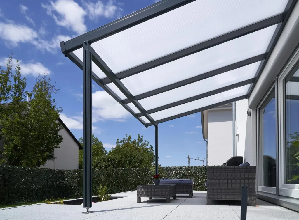 Patio roof Premium, anthracite, 4102 x 4060 mm - Polycarbonate multi-wall sheets 16 mm, opal