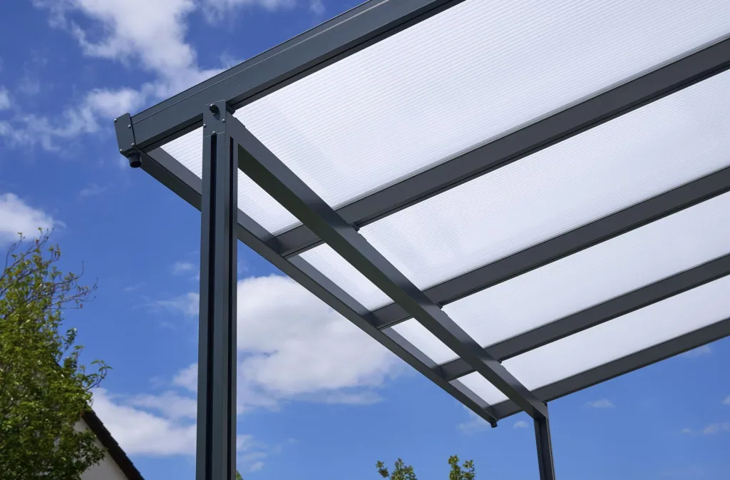 Patio roof Premium, anthracite, 4102 x 4060 mm - Polycarbonate multi-wall sheets 16 mm, opal