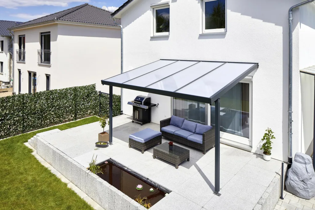 Patio roof Premium, anthracite, 4102 x 4060 mm - Polycarbonate multi-wall sheets 16 mm, opal