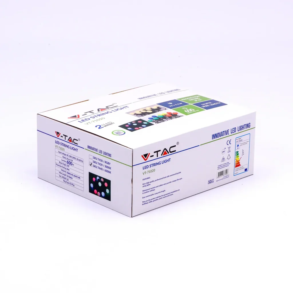 VT-71020 LED cable 10 meters with plug, including 20x 0.5W LED bulbs, RGBY, 600 lumens, IP44