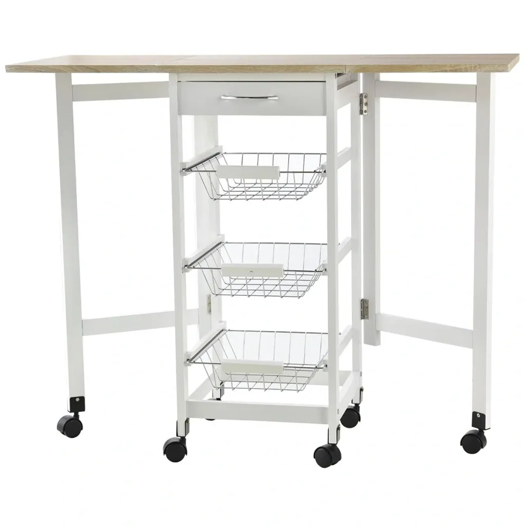 Kitchen trolley foldable trolley serving trolley drawer with 3 baskets 6 universal wheels for kitchens natural + white