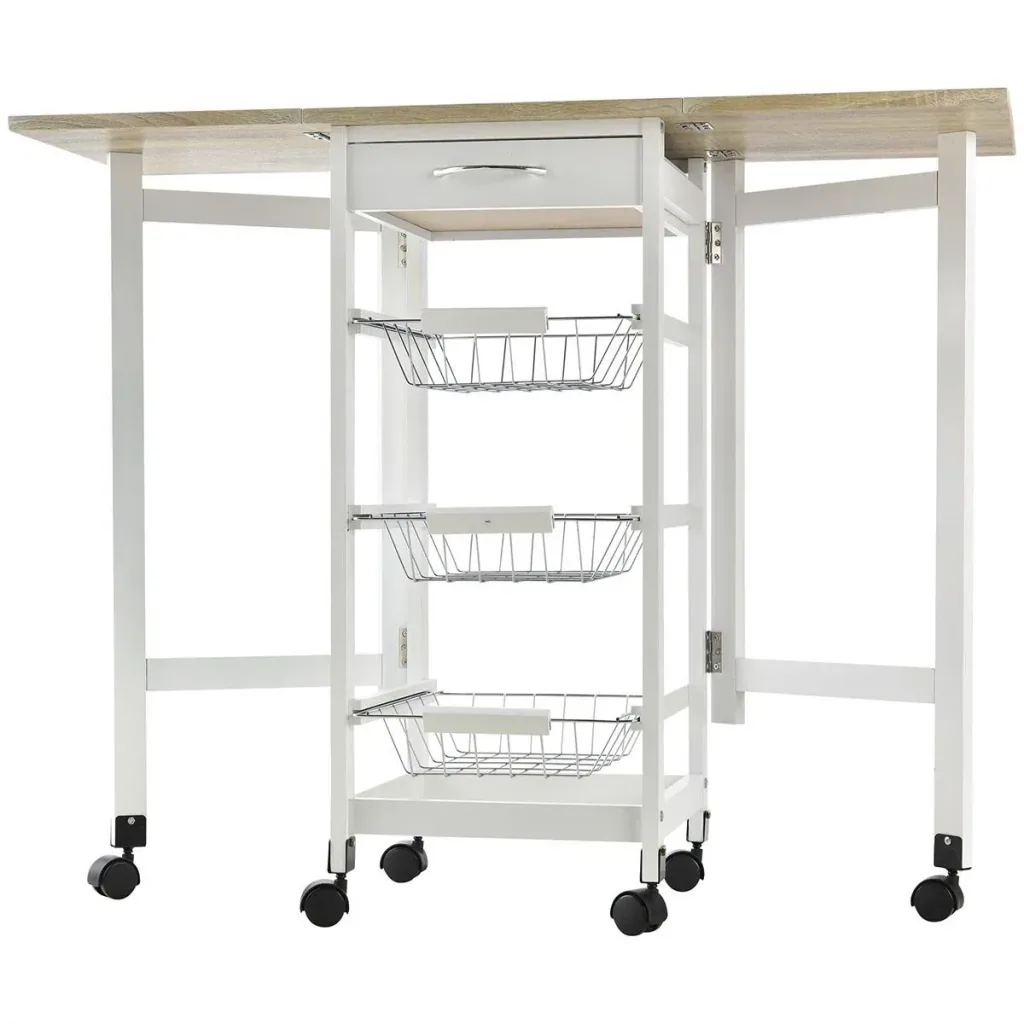 Kitchen trolley foldable trolley serving trolley drawer with 3 baskets 6 universal wheels for kitchens natural + white