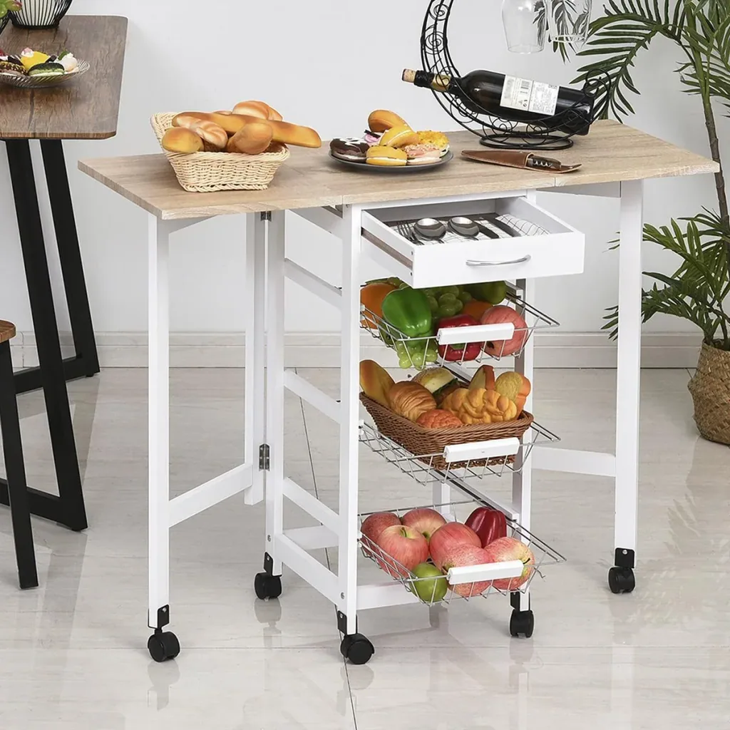 Kitchen trolley foldable trolley serving trolley drawer with 3 baskets 6 universal wheels for kitchens natural + white