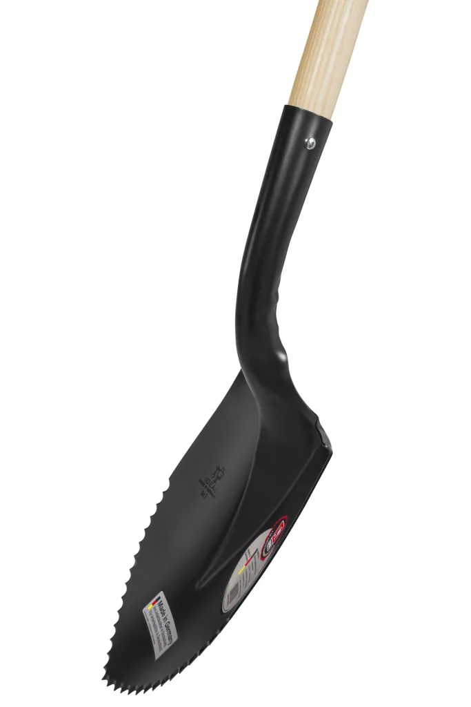 Small spade, serrated edge, size 1, kick guard, hardened, black powder-coated, 120 cm ash handle