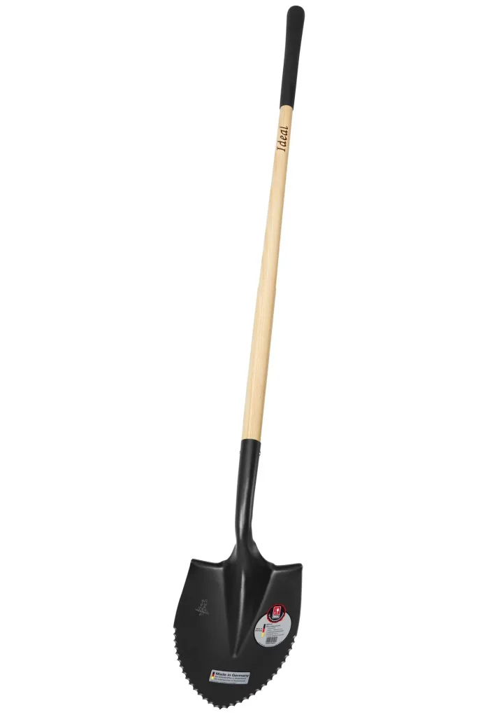 Small spade, serrated edge, size 1, kick guard, hardened, black powder-coated, 120 cm ash handle