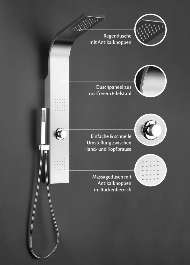 Shower panel Troya shower column made of brushed stainless steel 100x14 cm shower set with 3 different shower functions