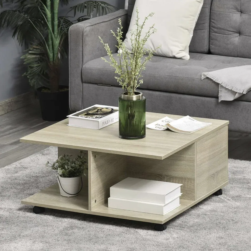 Side table coffee table with two pull-out drawers 4 wheels open shelves coffee table living room table mod