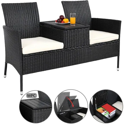 Garden bench/ Love Bench with box/ Table with seat cushions 143x64x88cm - Black
