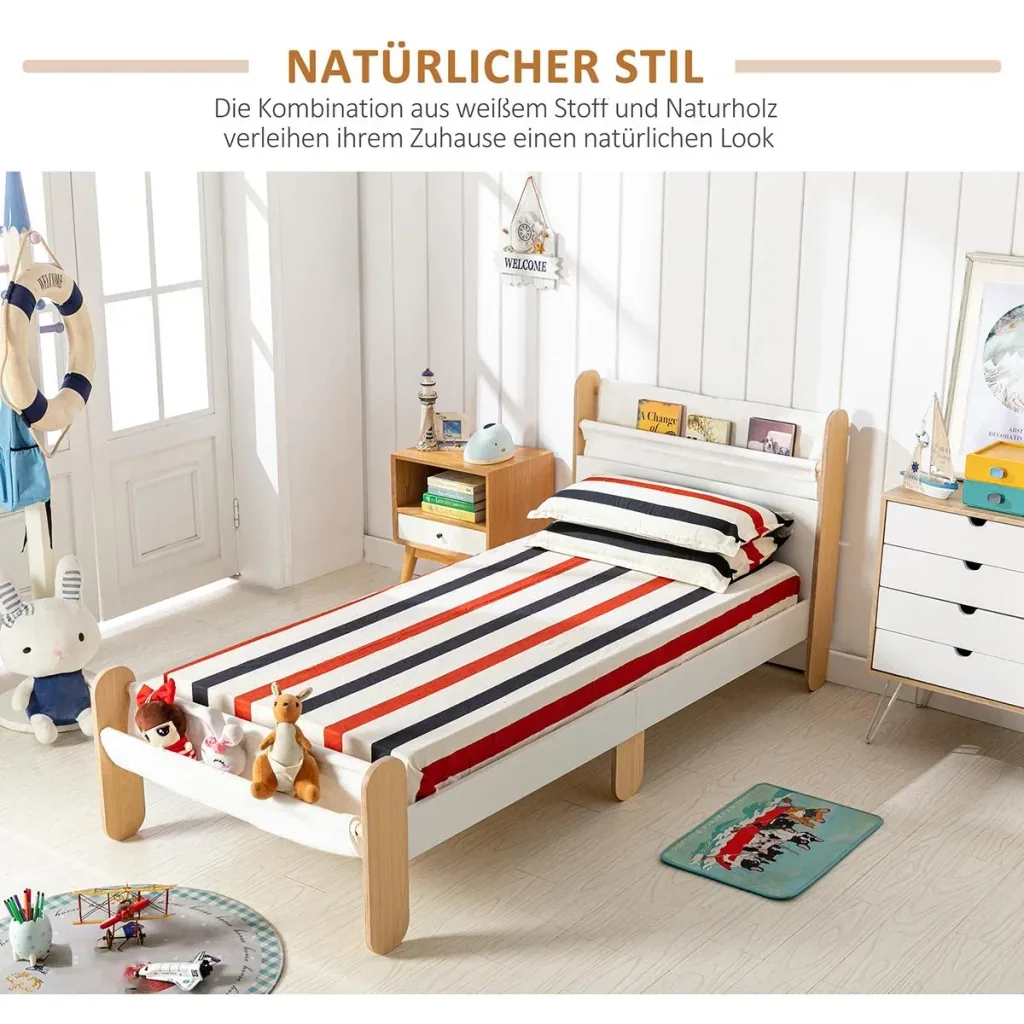 Children's bed with bed bag toy bag for 3+ years wooden bed for girls and boys children's room wood white+natural 229 x