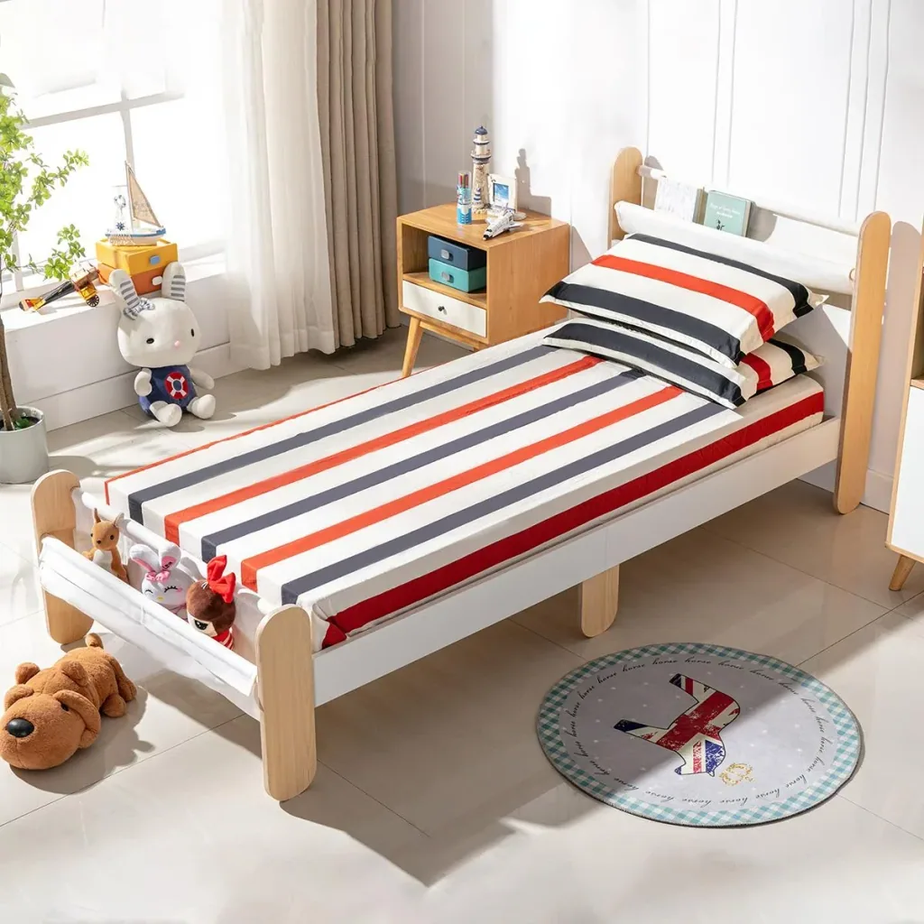 Children's bed with bed bag toy bag for 3+ years wooden bed for girls and boys children's room wood white+natural 229 x