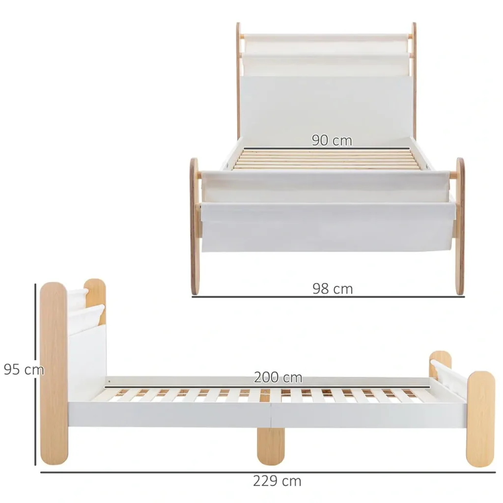 Children's bed with bed bag toy bag for 3+ years wooden bed for girls and boys children's room wood white+natural 229 x