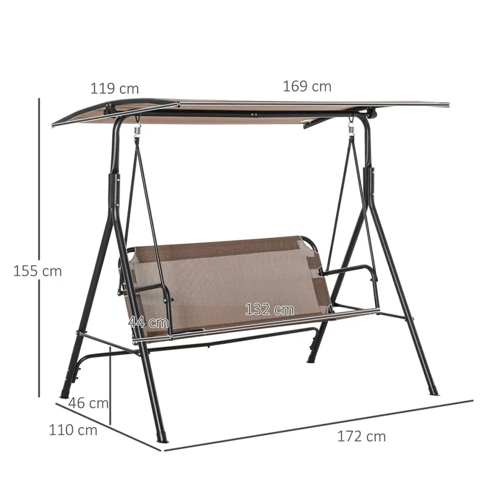 2-seater Hollywood swing rocking chair outdoor garden lounger UV-resistant high-quality metal tube angle adjustable brown