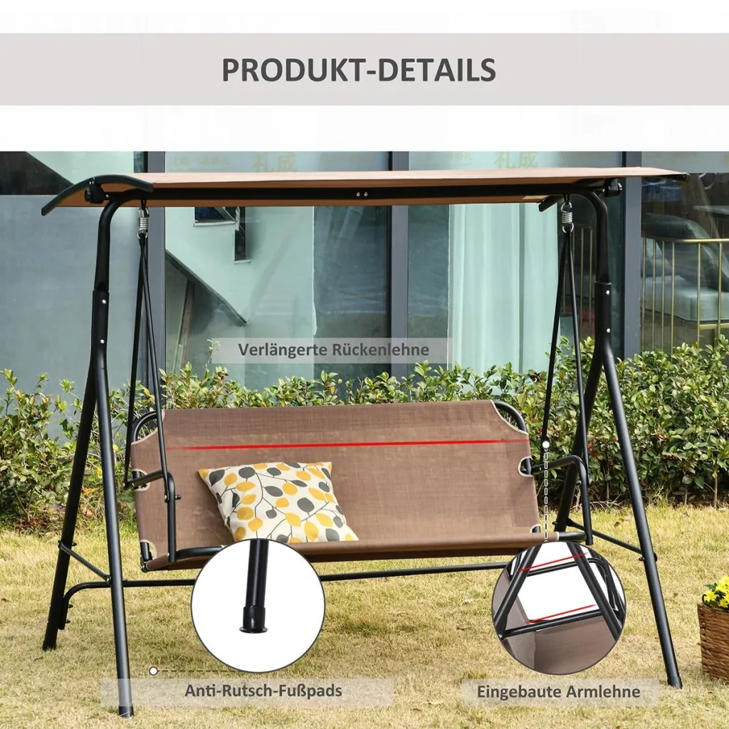 2-seater Hollywood swing rocking chair outdoor garden lounger UV-resistant high-quality metal tube angle adjustable brown