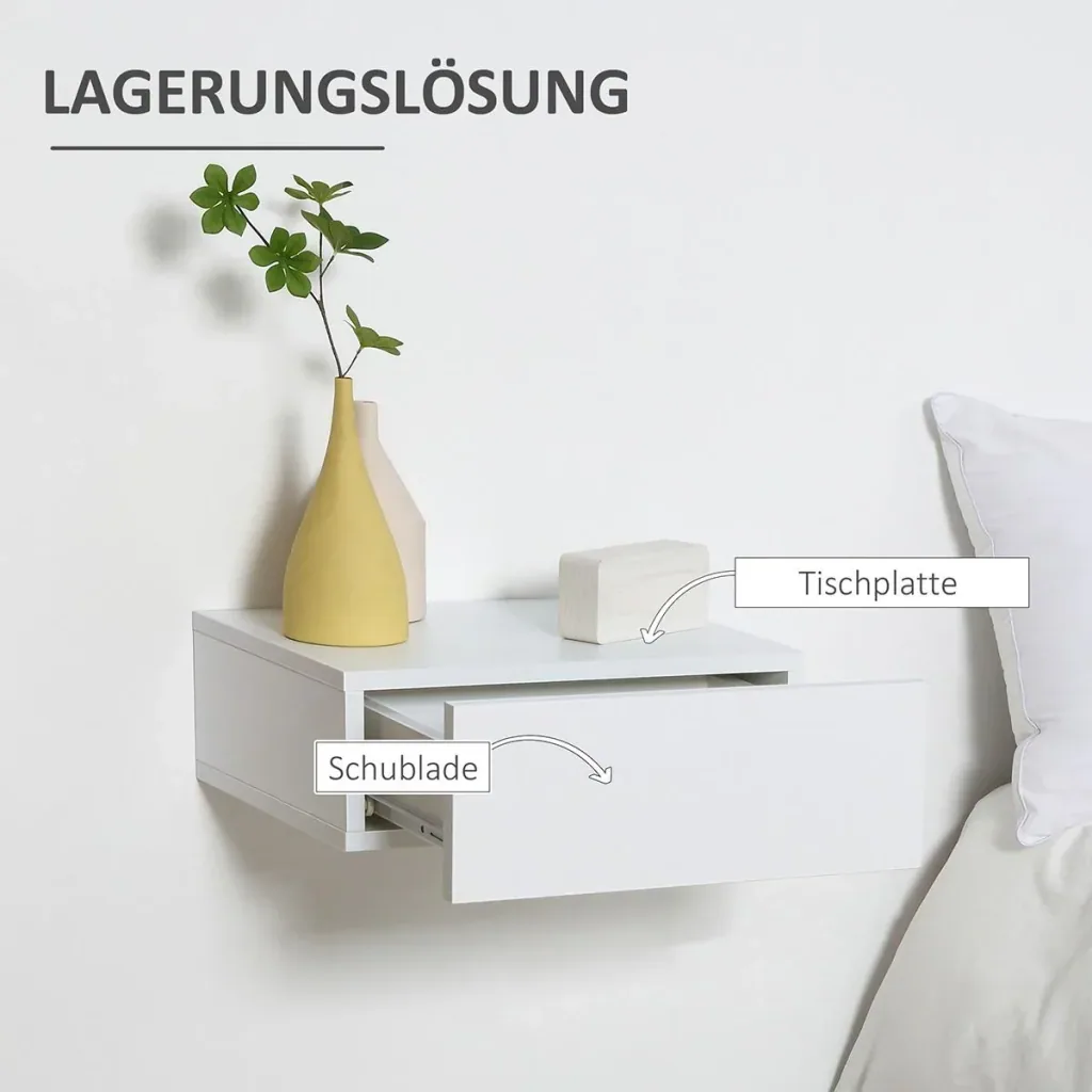 2-piece wall-mounted bedside table, wall cabinet with drawer, chipboard, white, 40 x 30 x 15 cm