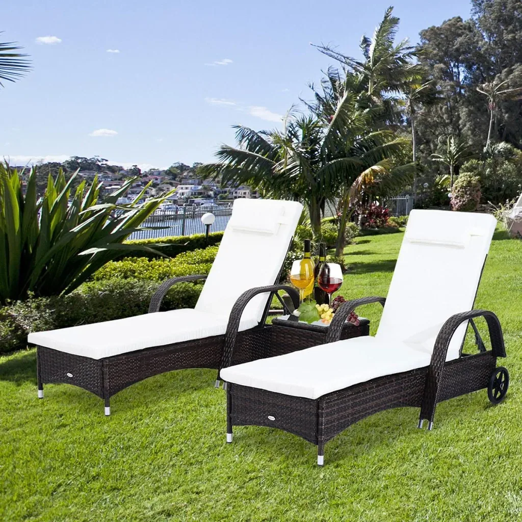 Rattan sun loungers with table grey