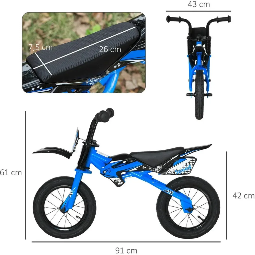 Balance Bike Motorcycle Ø30 cm 3-6 years Air-filled tires Artificial leather saddle Blue 91 x 43 x 61 cm