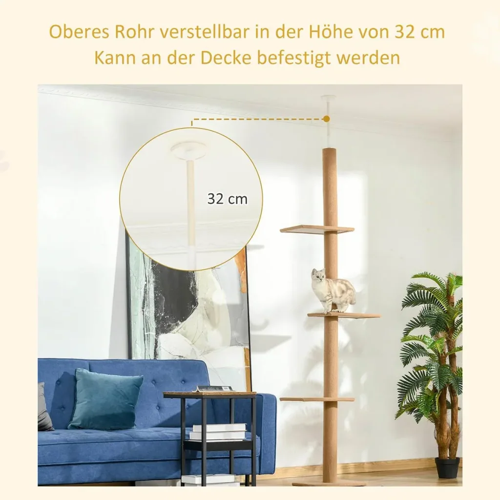 Scratching post, cat tree, climbing tree for cats, height adjustable, play tree, light brown, 43x27x228-260 cm
