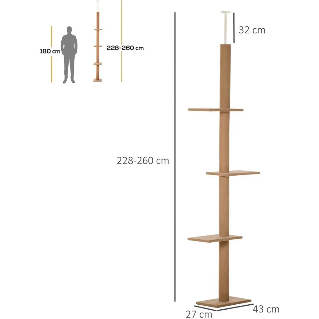 Scratching post, cat tree, climbing tree for cats, height adjustable, play tree, light brown, 43x27x228-260 cm