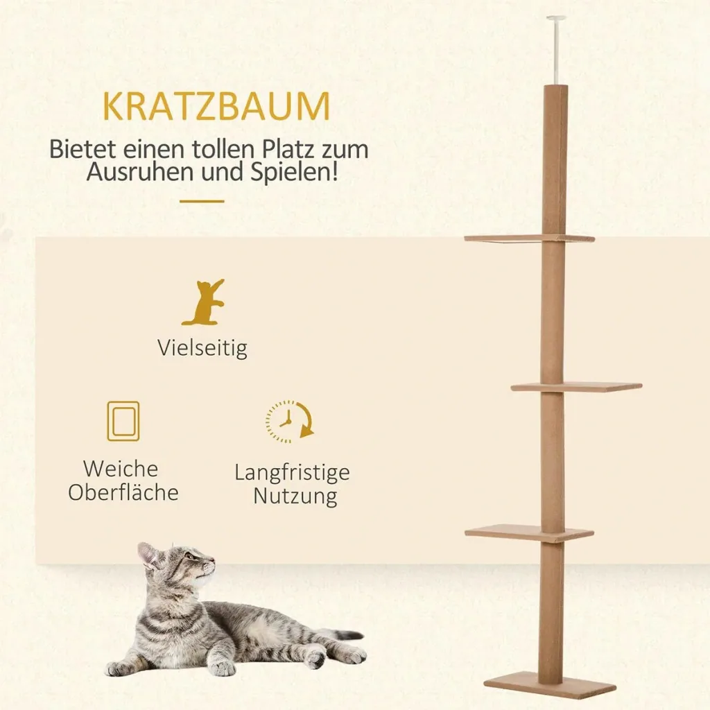 Scratching post, cat tree, climbing tree for cats, height adjustable, play tree, light brown, 43x27x228-260 cm