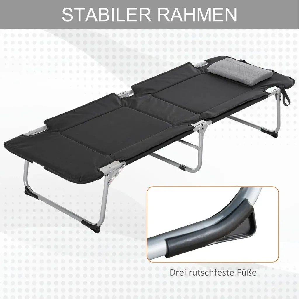 Camping bed, folding bed with pillow and bag, black and silver, 183 x 66 x 33 cm