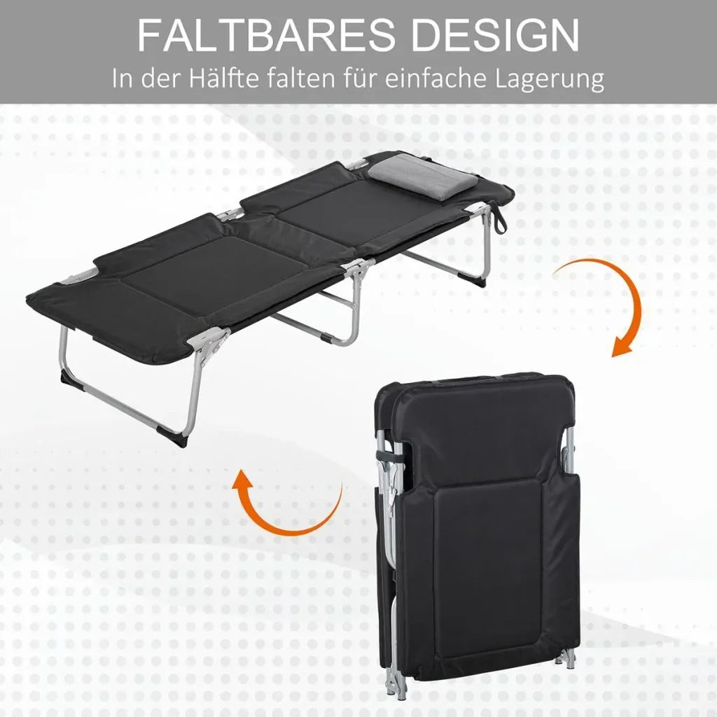 Camping bed, folding bed with pillow and bag, black and silver, 183 x 66 x 33 cm