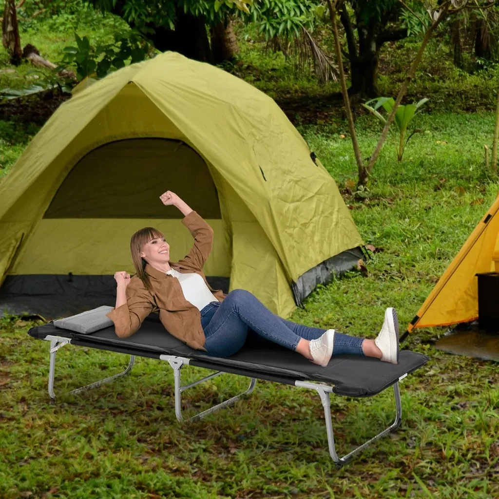 Camping bed, folding bed with pillow and bag, black and silver, 183 x 66 x 33 cm
