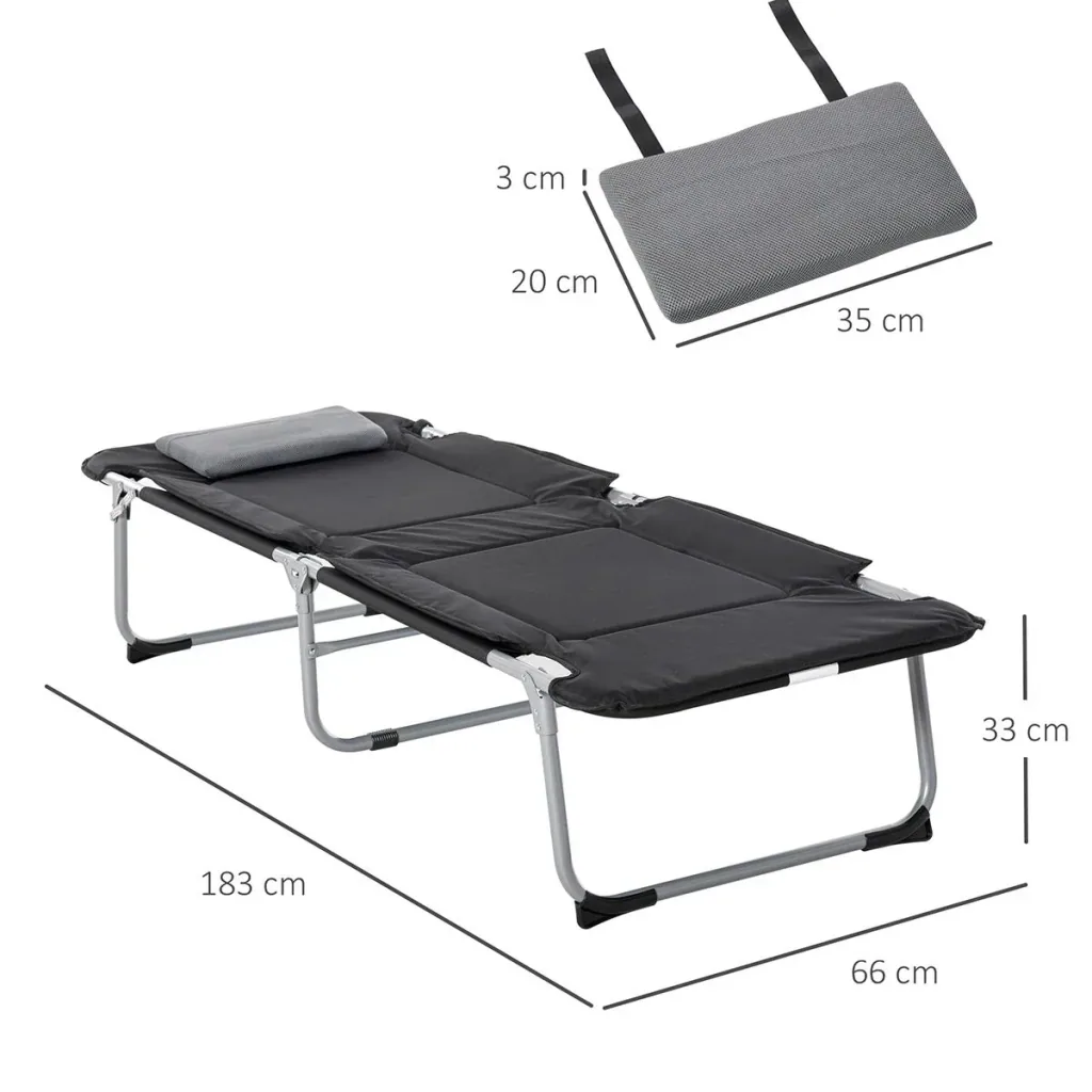 Camping bed, folding bed with pillow and bag, black and silver, 183 x 66 x 33 cm