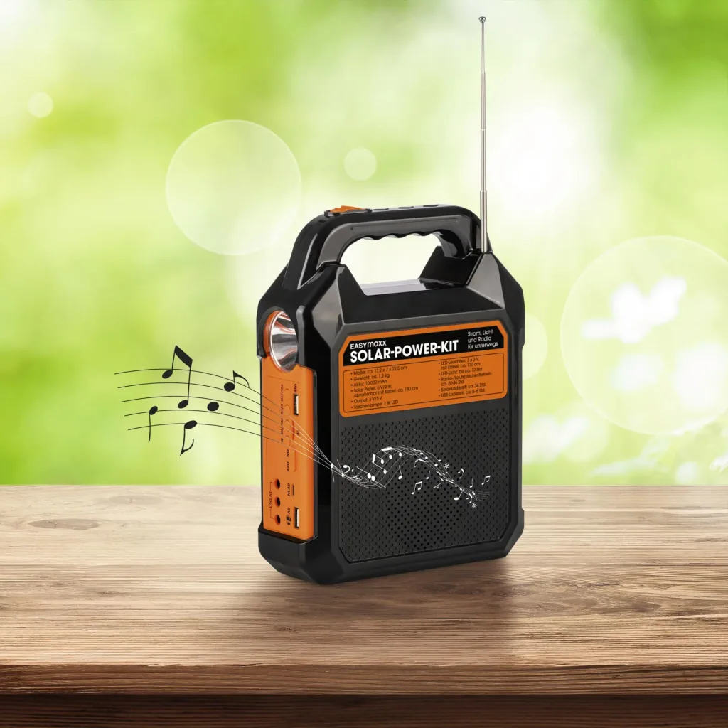 Solar generator kit with its own solar panel, radio and speaker, 10000mAh black/orange