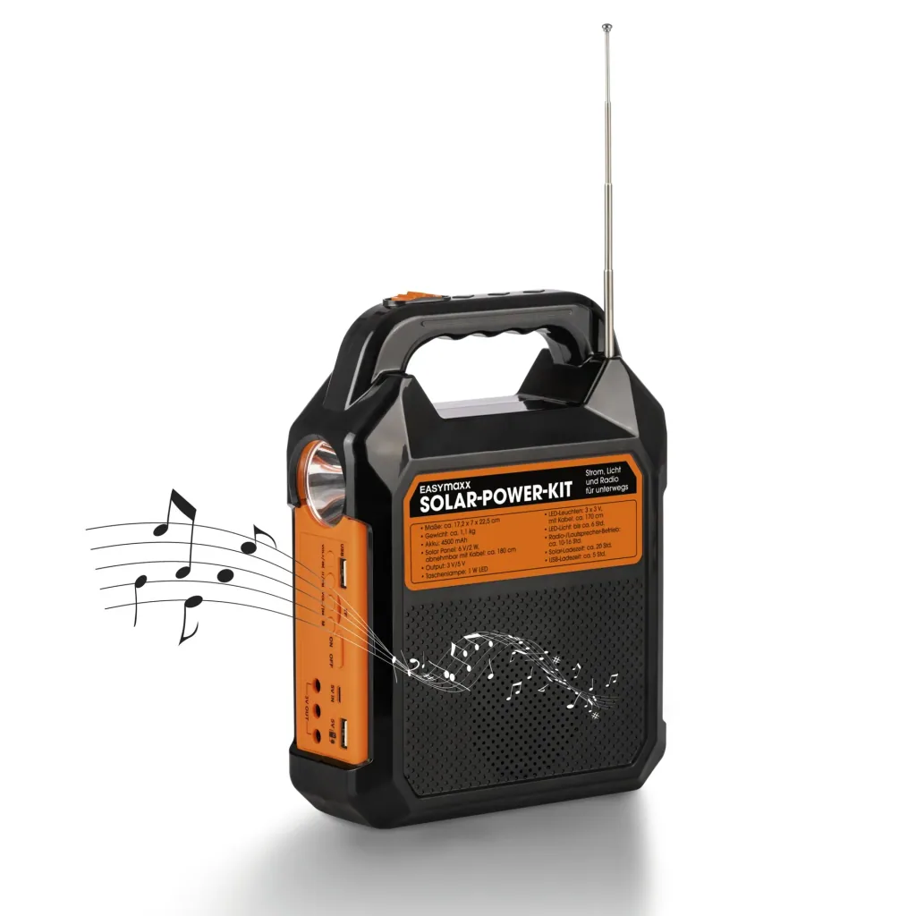 Solar generator kit with its own solar panel, radio and speaker, 10000mAh black/orange