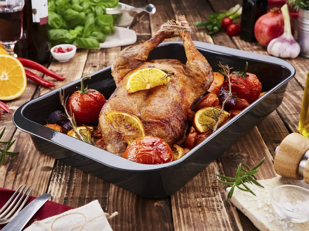 Enamel roaster including recipe book