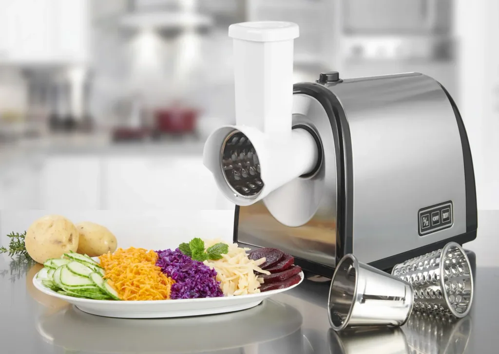 Stainless steel meat grinder with cookie attachment and vegetable cutting attachment