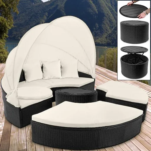 Polyrattan sun lounger black-cream Ø185cm with sun canopy
