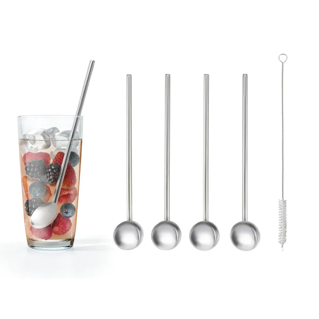 2 in 1 drinking straws and cocktail spoon Inox, bent, stainless steel, with cleaning brush, 5 pieces