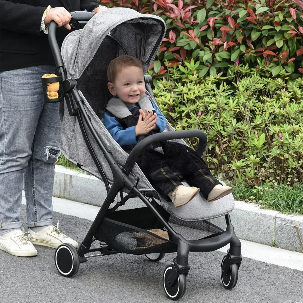 Stroller with sun awning foldable baby buggy with adjustable backrest and footrest aluminum linen EVA gray+S