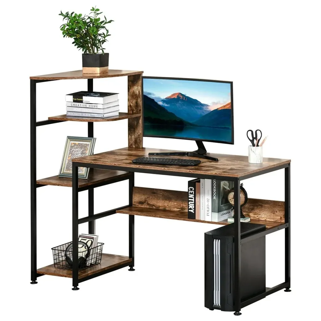 Desk Bookshelf Computer Desk Office Table with 4 Shelves Adjustable E1 Chipboard Metal Frame Black+Rustic