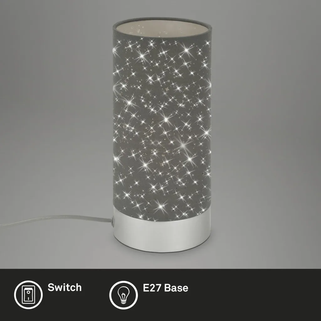 STEA table lamp, matt chrome, grey fabric with star decoration, cable switch, E14 socket