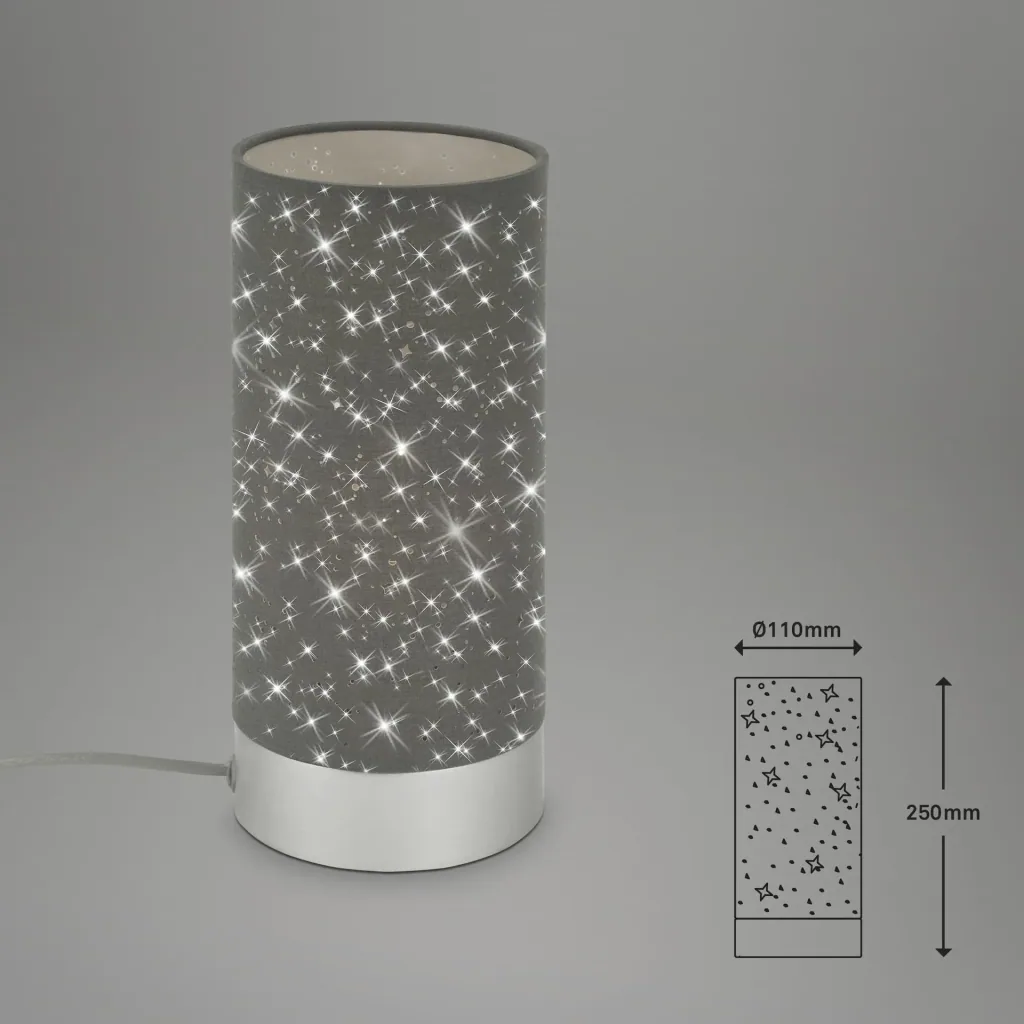 STEA table lamp, matt chrome, grey fabric with star decoration, cable switch, E14 socket