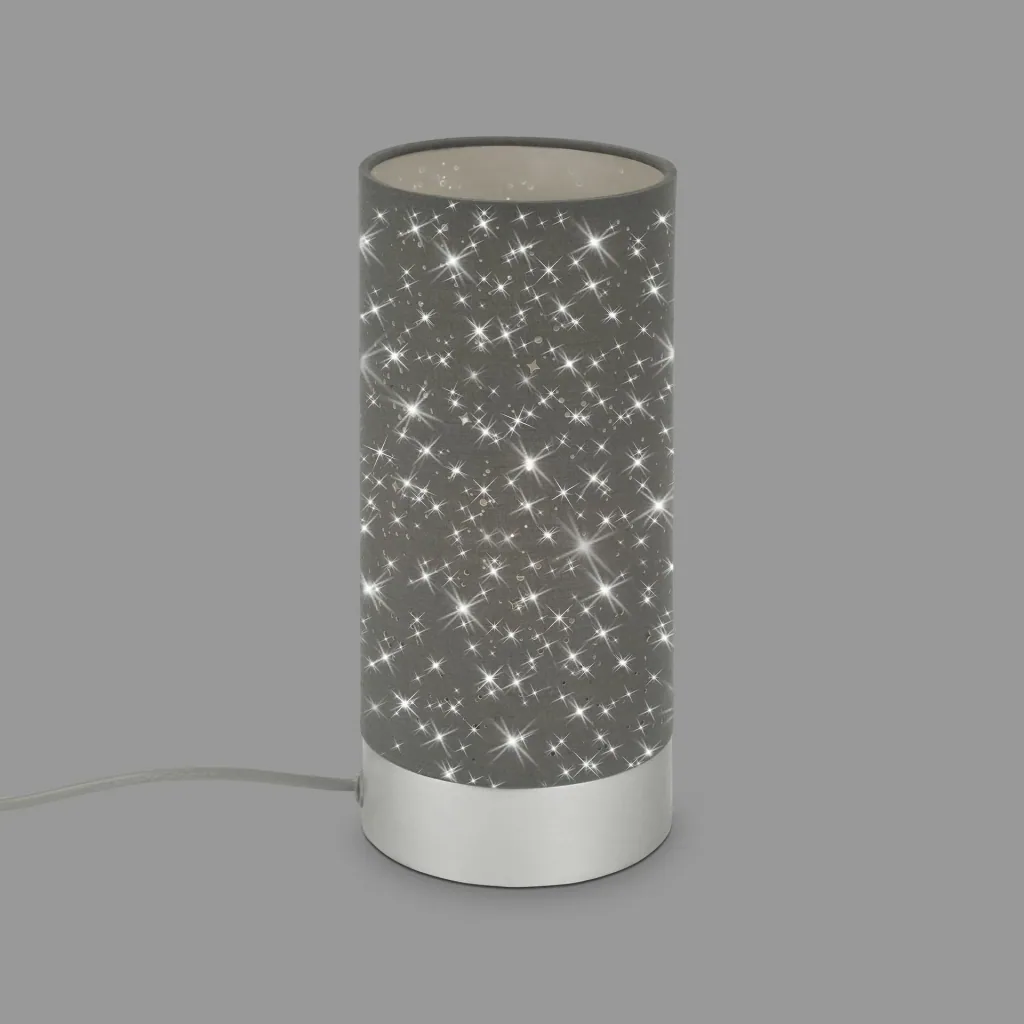 STEA table lamp, matt chrome, grey fabric with star decoration, cable switch, E14 socket