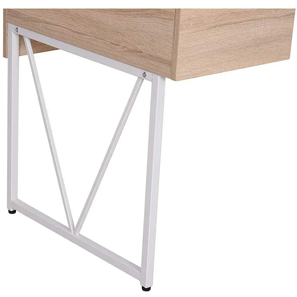 Desk Computer Table PC Laptop Office Table 3x Drawer 1x Shelf Wood+Metal Natural+White 130x60x76cm