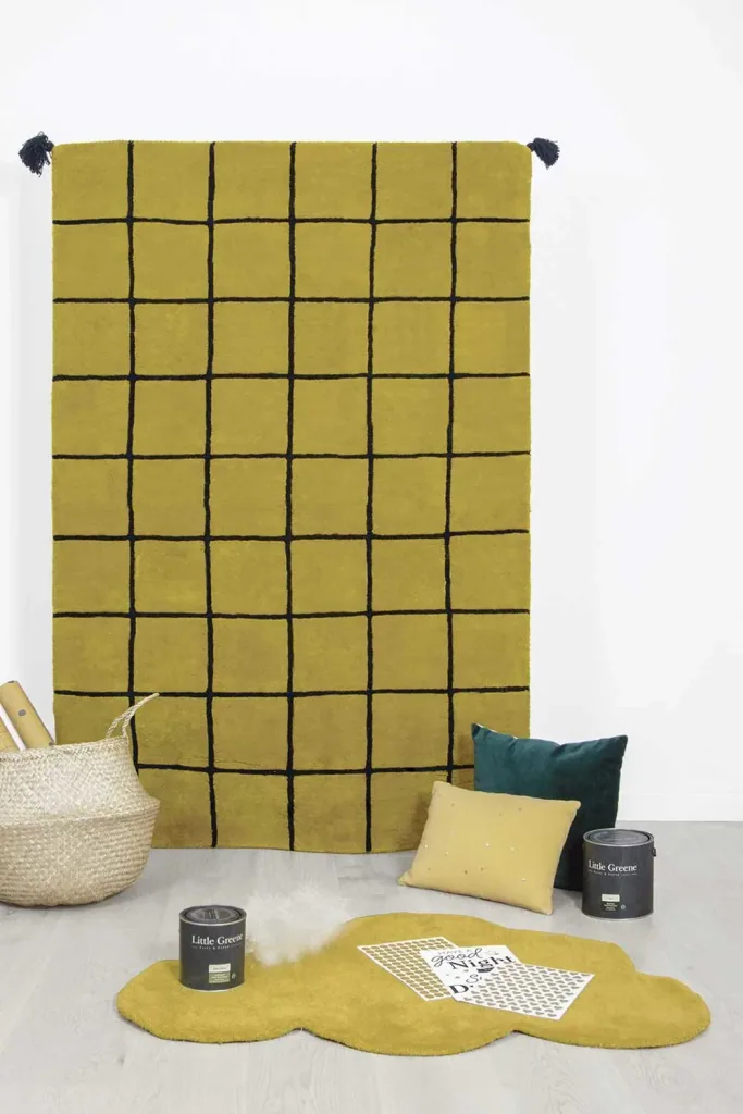 Lilipinso tapijt raster ruit zwart op mosterd 120 x 170 cm