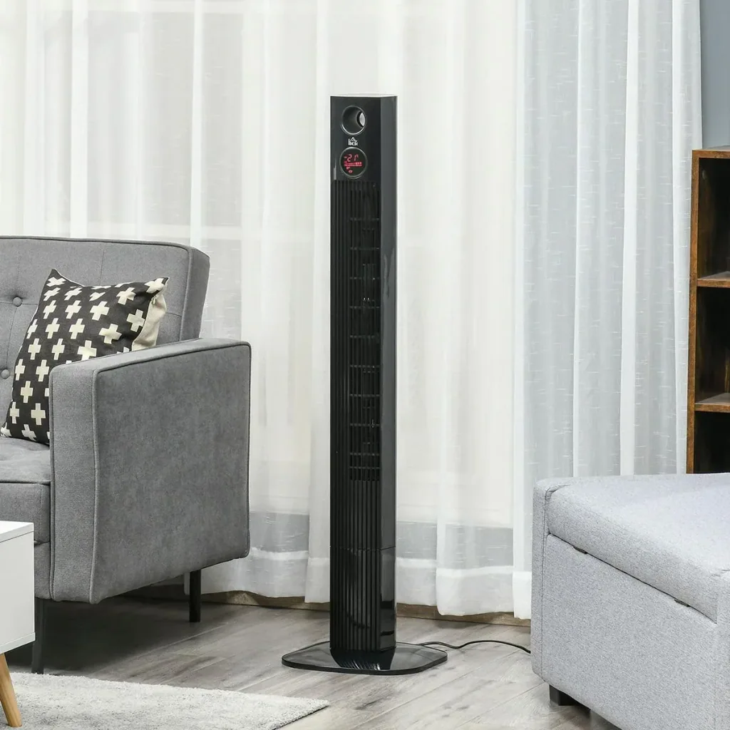 Tower fan aroma diffuser timer function 3 ventilation levels 45W 70° oscillation black 31.5 x 31.5 x 117 cm