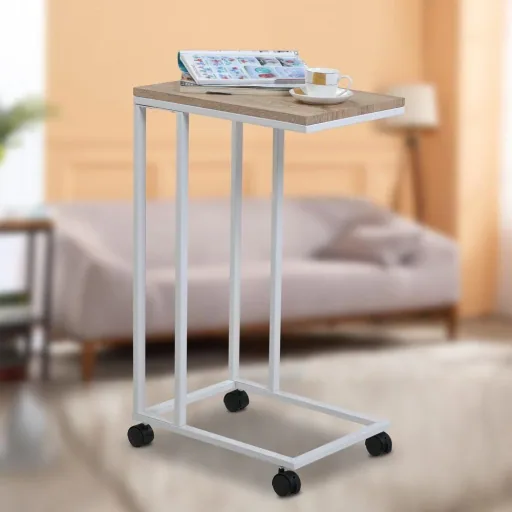 Side table - on wheels - 70 x 40 x 30 cm - Industrial - White/Brown