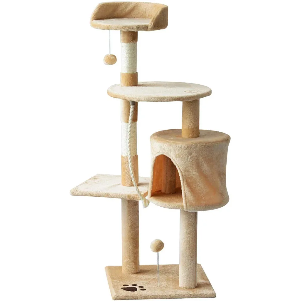 Cat tree scratching post sleeping cave play tree 4 layers beige
