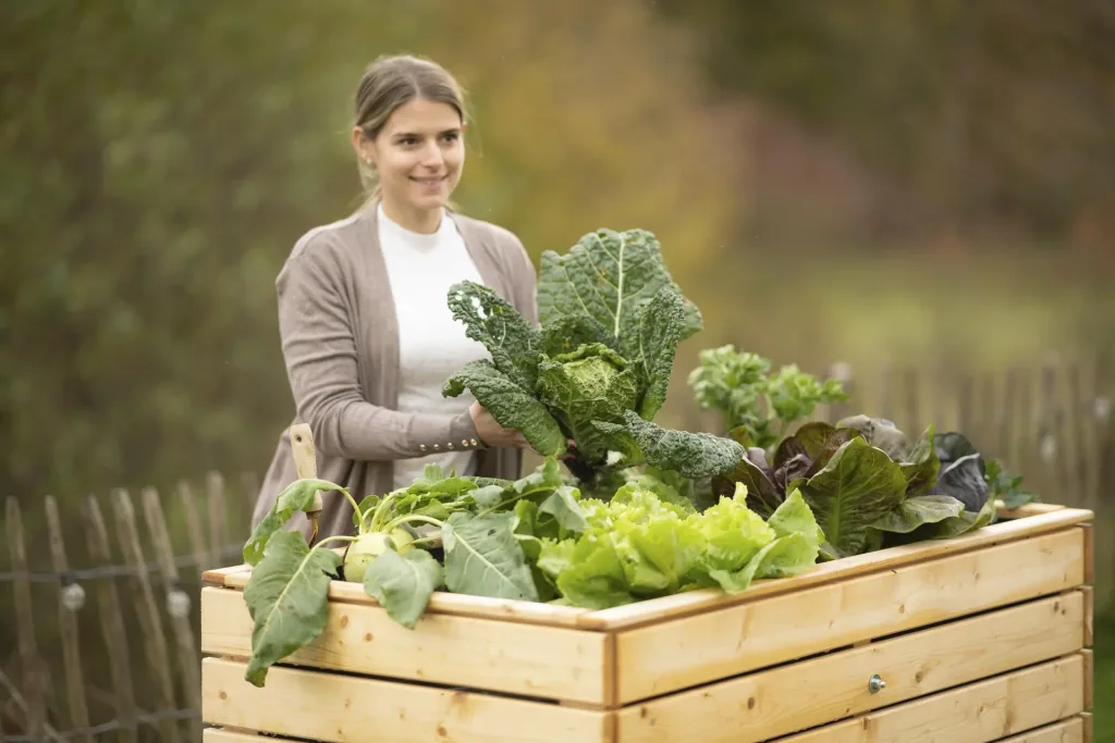 Verhoogde moestuinbak Asket L, 130×70×90 cm, Natuur – Vurenhout, rugvriendelijk